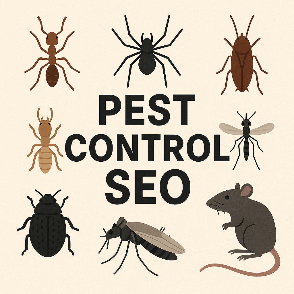 Pest Control SEO - Various common pests including ants, spiders, cockroaches, termites, mosquitoes, and rodents